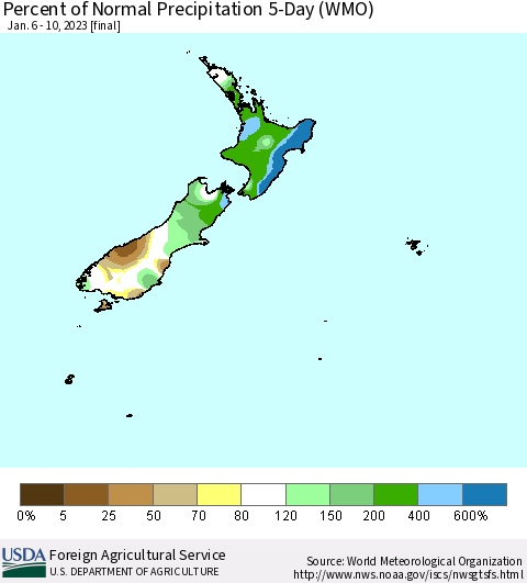 New Zealand Percent of Normal Precipitation 5-Day (WMO) Thematic Map For 1/6/2023 - 1/10/2023