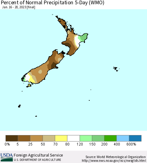New Zealand Percent of Normal Precipitation 5-Day (WMO) Thematic Map For 1/16/2023 - 1/20/2023