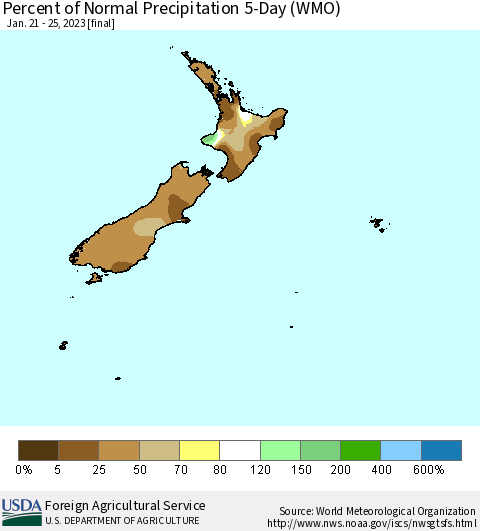New Zealand Percent of Normal Precipitation 5-Day (WMO) Thematic Map For 1/21/2023 - 1/25/2023