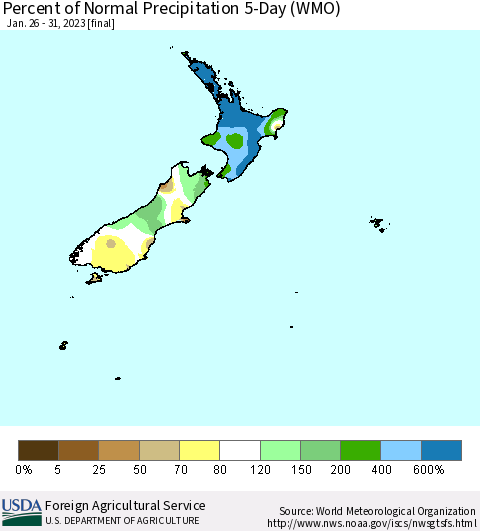 New Zealand Percent of Normal Precipitation 5-Day (WMO) Thematic Map For 1/26/2023 - 1/31/2023