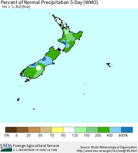 New Zealand Percent of Normal Precipitation 5-Day (WMO) Thematic Map For 2/1/2023 - 2/5/2023