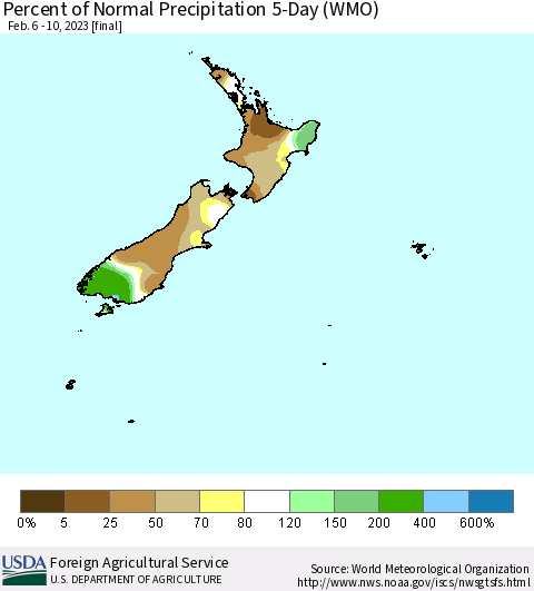 New Zealand Percent of Normal Precipitation 5-Day (WMO) Thematic Map For 2/6/2023 - 2/10/2023