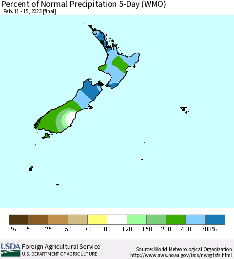 New Zealand Percent of Normal Precipitation 5-Day (WMO) Thematic Map For 2/11/2023 - 2/15/2023