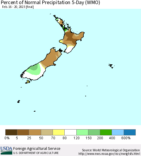 New Zealand Percent of Normal Precipitation 5-Day (WMO) Thematic Map For 2/16/2023 - 2/20/2023