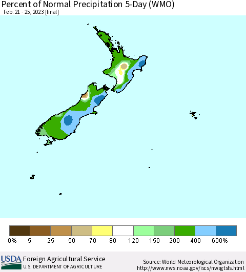 New Zealand Percent of Normal Precipitation 5-Day (WMO) Thematic Map For 2/21/2023 - 2/25/2023