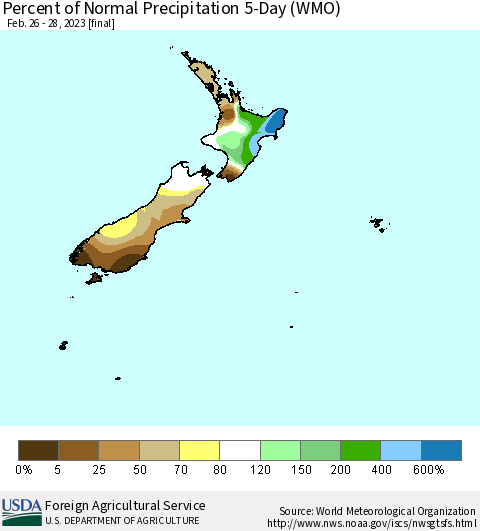 New Zealand Percent of Normal Precipitation 5-Day (WMO) Thematic Map For 2/26/2023 - 2/28/2023