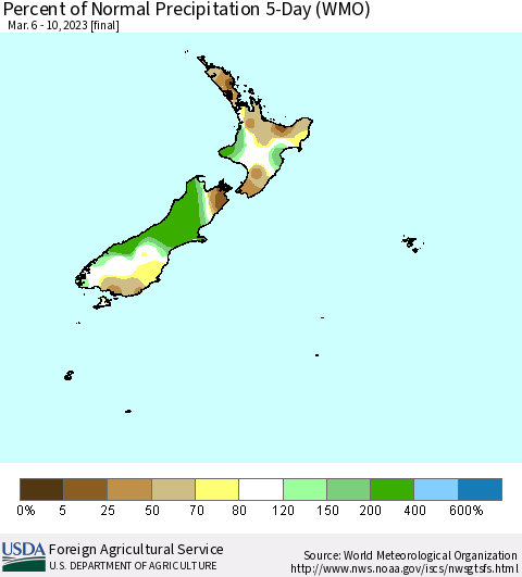 New Zealand Percent of Normal Precipitation 5-Day (WMO) Thematic Map For 3/6/2023 - 3/10/2023