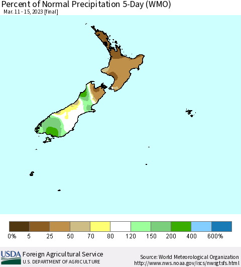 New Zealand Percent of Normal Precipitation 5-Day (WMO) Thematic Map For 3/11/2023 - 3/15/2023