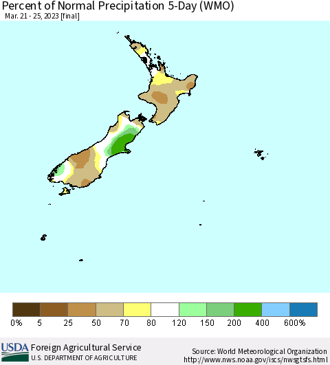 New Zealand Percent of Normal Precipitation 5-Day (WMO) Thematic Map For 3/21/2023 - 3/25/2023