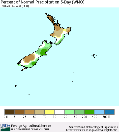 New Zealand Percent of Normal Precipitation 5-Day (WMO) Thematic Map For 3/26/2023 - 3/31/2023