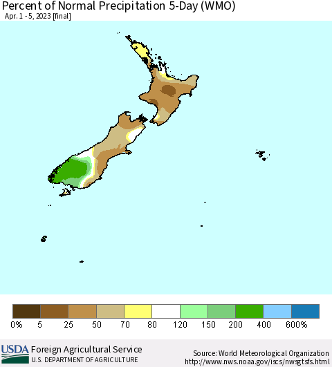 New Zealand Percent of Normal Precipitation 5-Day (WMO) Thematic Map For 4/1/2023 - 4/5/2023