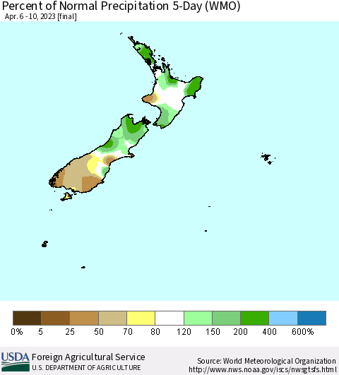 New Zealand Percent of Normal Precipitation 5-Day (WMO) Thematic Map For 4/6/2023 - 4/10/2023