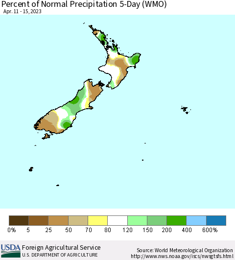 New Zealand Percent of Normal Precipitation 5-Day (WMO) Thematic Map For 4/11/2023 - 4/15/2023
