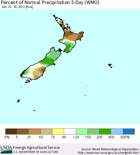 New Zealand Percent of Normal Precipitation 5-Day (WMO) Thematic Map For 4/16/2023 - 4/20/2023
