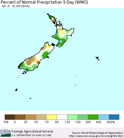 New Zealand Percent of Normal Precipitation 5-Day (WMO) Thematic Map For 4/21/2023 - 4/25/2023