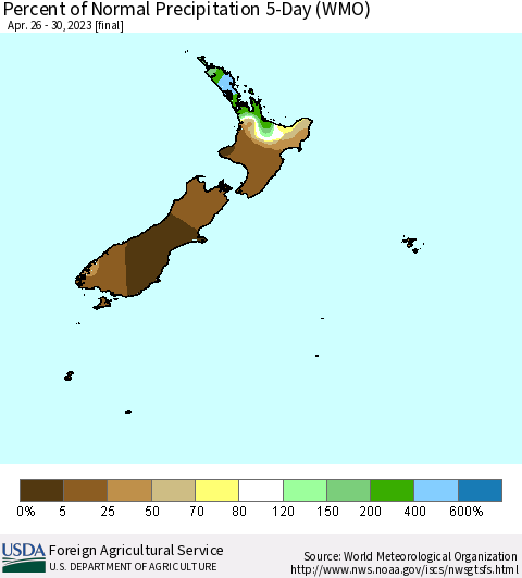 New Zealand Percent of Normal Precipitation 5-Day (WMO) Thematic Map For 4/26/2023 - 4/30/2023