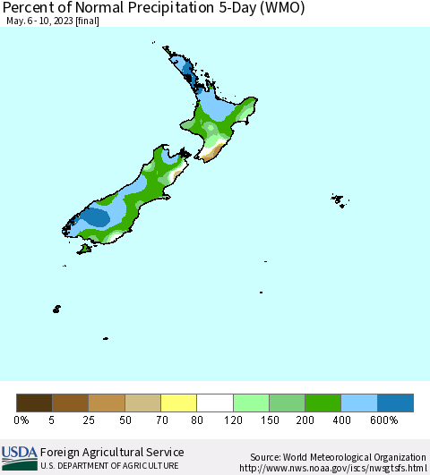 New Zealand Percent of Normal Precipitation 5-Day (WMO) Thematic Map For 5/6/2023 - 5/10/2023