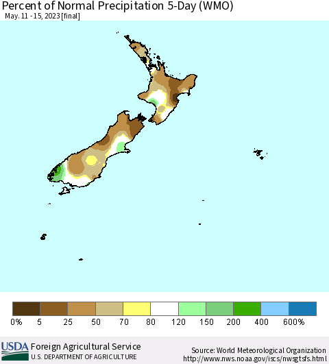 New Zealand Percent of Normal Precipitation 5-Day (WMO) Thematic Map For 5/11/2023 - 5/15/2023