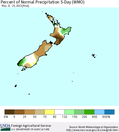 New Zealand Percent of Normal Precipitation 5-Day (WMO) Thematic Map For 5/21/2023 - 5/25/2023