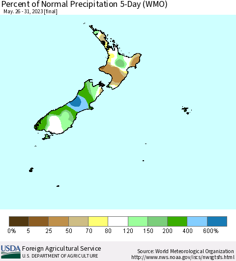 New Zealand Percent of Normal Precipitation 5-Day (WMO) Thematic Map For 5/26/2023 - 5/31/2023