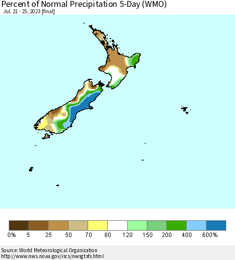 New Zealand Percent of Normal Precipitation 5-Day (WMO) Thematic Map For 7/21/2023 - 7/25/2023