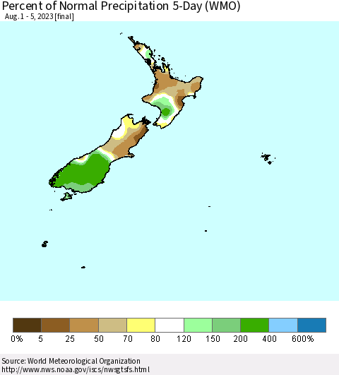 New Zealand Percent of Normal Precipitation 5-Day (WMO) Thematic Map For 8/1/2023 - 8/5/2023