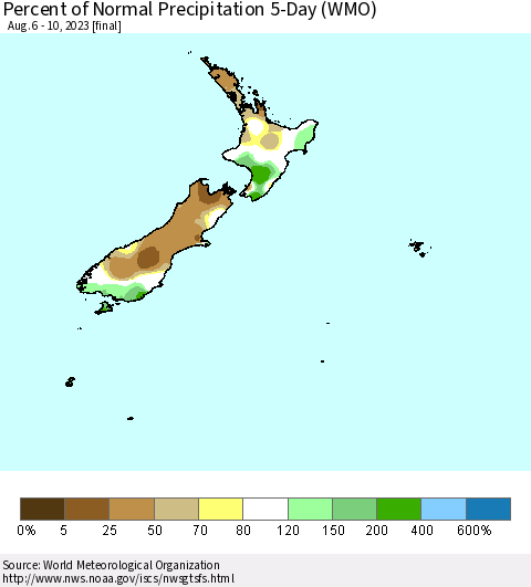 New Zealand Percent of Normal Precipitation 5-Day (WMO) Thematic Map For 8/6/2023 - 8/10/2023