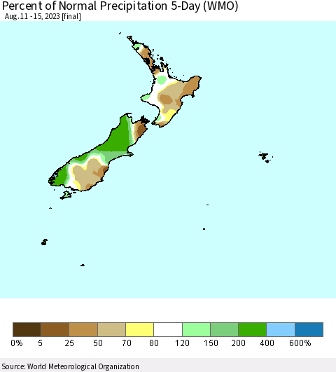 New Zealand Percent of Normal Precipitation 5-Day (WMO) Thematic Map For 8/11/2023 - 8/15/2023