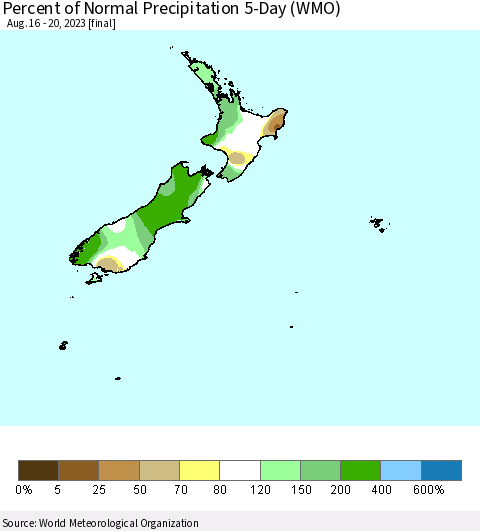 New Zealand Percent of Normal Precipitation 5-Day (WMO) Thematic Map For 8/16/2023 - 8/20/2023