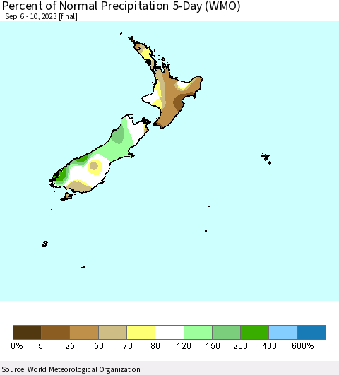 New Zealand Percent of Normal Precipitation 5-Day (WMO) Thematic Map For 9/6/2023 - 9/10/2023