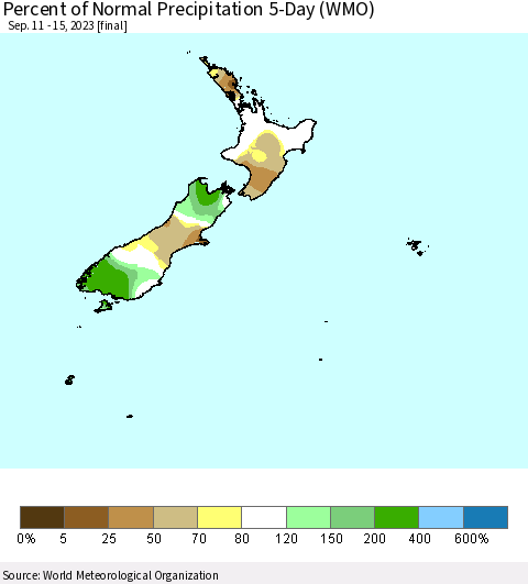 New Zealand Percent of Normal Precipitation 5-Day (WMO) Thematic Map For 9/11/2023 - 9/15/2023