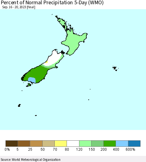New Zealand Percent of Normal Precipitation 5-Day (WMO) Thematic Map For 9/16/2023 - 9/20/2023