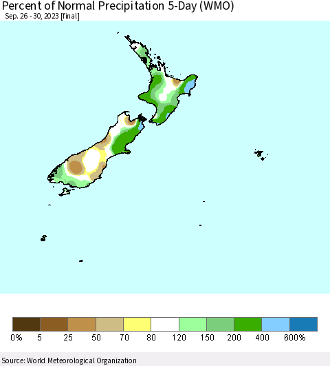 New Zealand Percent of Normal Precipitation 5-Day (WMO) Thematic Map For 9/26/2023 - 9/30/2023
