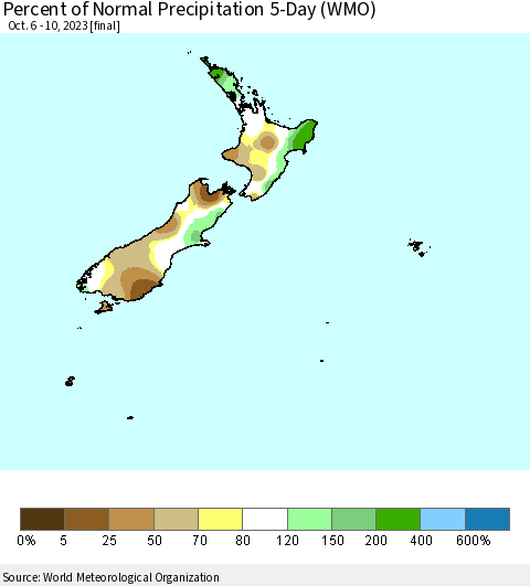 New Zealand Percent of Normal Precipitation 5-Day (WMO) Thematic Map For 10/6/2023 - 10/10/2023