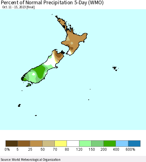 New Zealand Percent of Normal Precipitation 5-Day (WMO) Thematic Map For 10/11/2023 - 10/15/2023