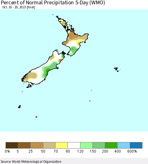 New Zealand Percent of Normal Precipitation 5-Day (WMO) Thematic Map For 10/16/2023 - 10/20/2023