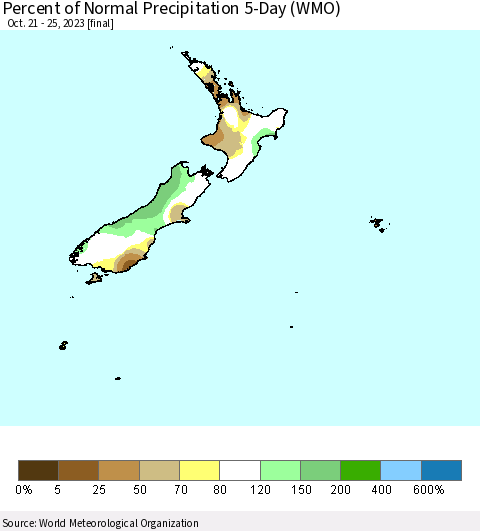 New Zealand Percent of Normal Precipitation 5-Day (WMO) Thematic Map For 10/21/2023 - 10/25/2023