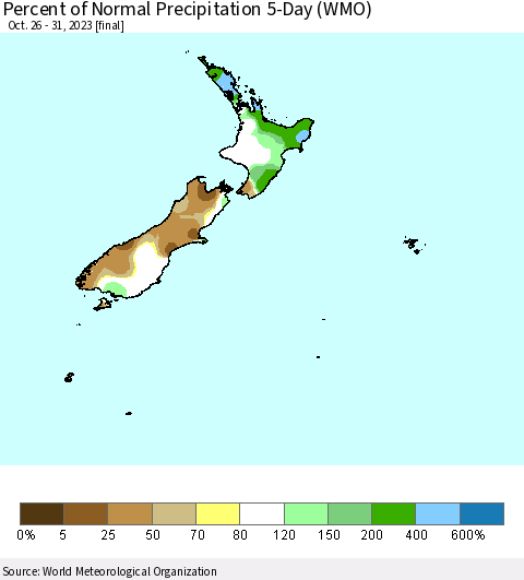 New Zealand Percent of Normal Precipitation 5-Day (WMO) Thematic Map For 10/26/2023 - 10/31/2023