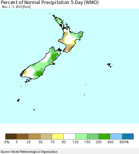 New Zealand Percent of Normal Precipitation 5-Day (WMO) Thematic Map For 11/1/2023 - 11/5/2023