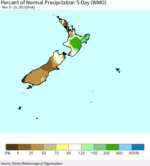 New Zealand Percent of Normal Precipitation 5-Day (WMO) Thematic Map For 11/6/2023 - 11/10/2023