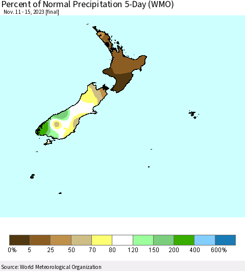 New Zealand Percent of Normal Precipitation 5-Day (WMO) Thematic Map For 11/11/2023 - 11/15/2023