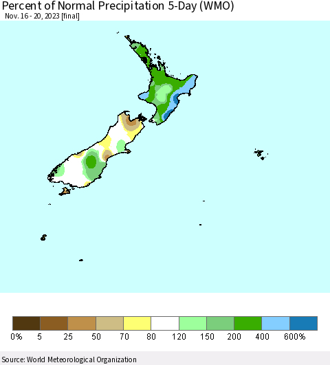 New Zealand Percent of Normal Precipitation 5-Day (WMO) Thematic Map For 11/16/2023 - 11/20/2023