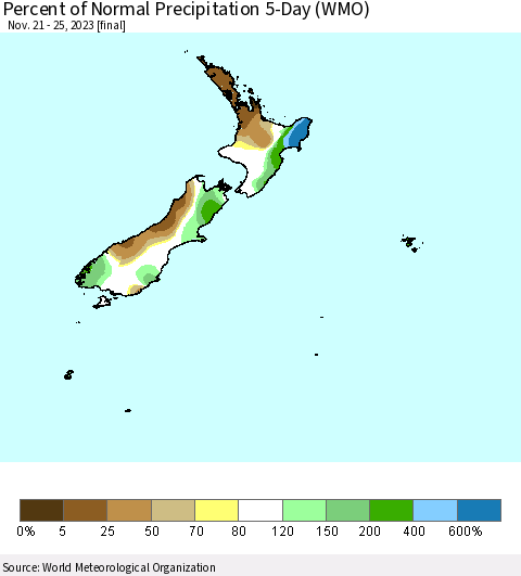 New Zealand Percent of Normal Precipitation 5-Day (WMO) Thematic Map For 11/21/2023 - 11/25/2023