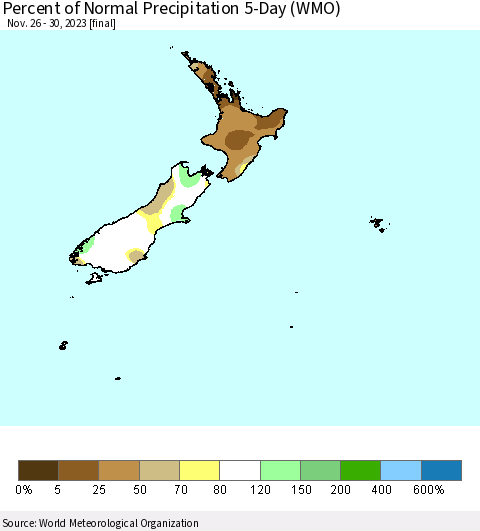 New Zealand Percent of Normal Precipitation 5-Day (WMO) Thematic Map For 11/26/2023 - 11/30/2023