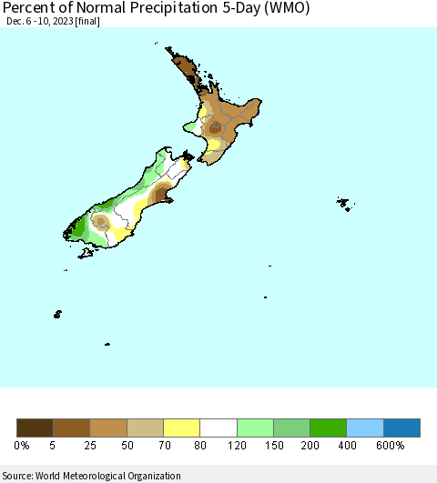 New Zealand Percent of Normal Precipitation 5-Day (WMO) Thematic Map For 12/6/2023 - 12/10/2023