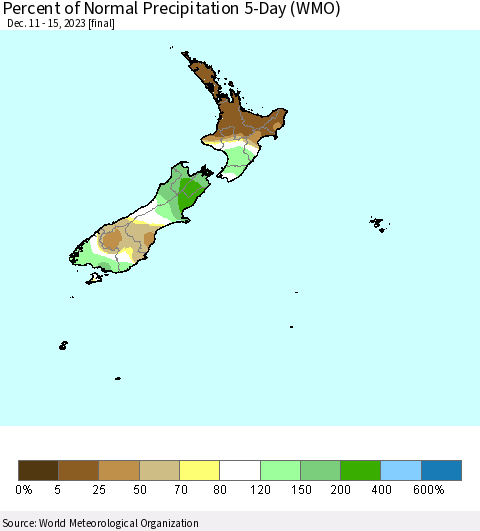 New Zealand Percent of Normal Precipitation 5-Day (WMO) Thematic Map For 12/11/2023 - 12/15/2023