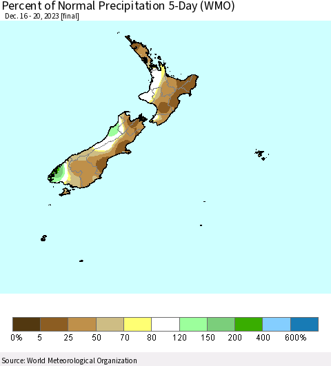 New Zealand Percent of Normal Precipitation 5-Day (WMO) Thematic Map For 12/16/2023 - 12/20/2023