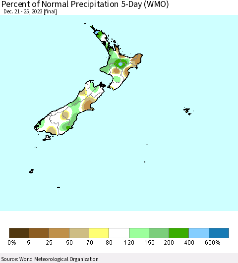 New Zealand Percent of Normal Precipitation 5-Day (WMO) Thematic Map For 12/21/2023 - 12/25/2023
