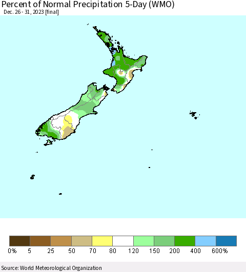 New Zealand Percent of Normal Precipitation 5-Day (WMO) Thematic Map For 12/26/2023 - 12/31/2023