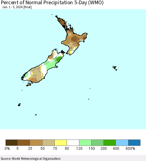 New Zealand Percent of Normal Precipitation 5-Day (WMO) Thematic Map For 1/1/2024 - 1/5/2024
